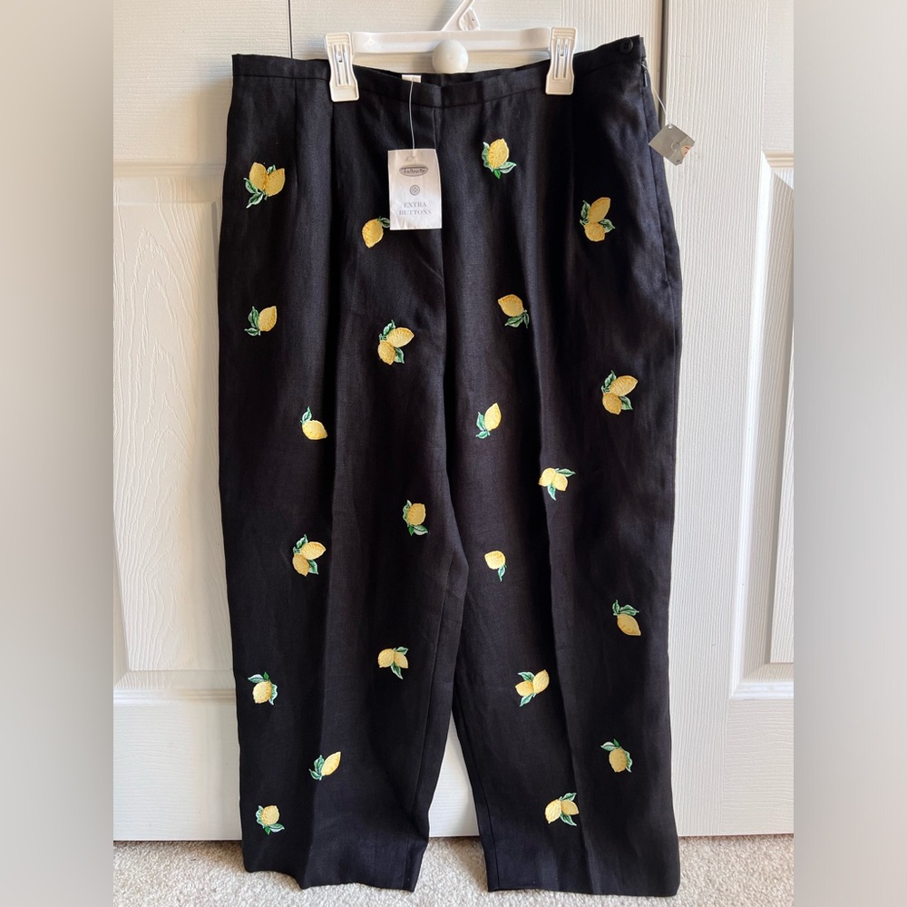 Talbots Petites Women's Sz. 16 Black Irish Linen Lemon Embroidered Ankle Pants